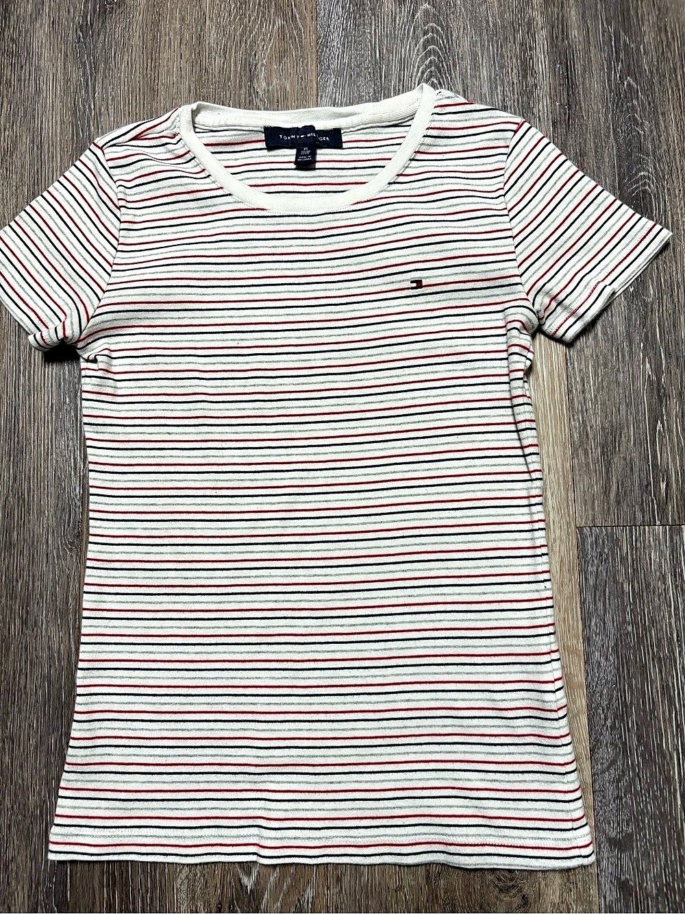 Tommy Hilfiger Striped Cotton Tee in White & Red Size XS SKU#0149